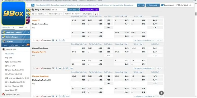 Danh sách kèo cược hấp dẫn có mặt tại Thể Thao 99OK